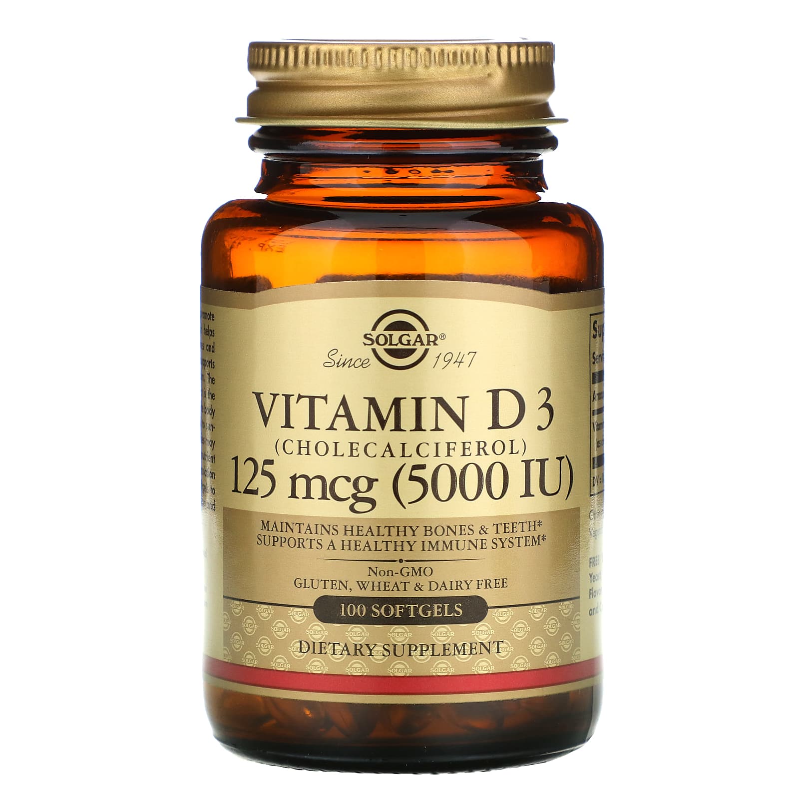 Solgar, Vitamin D3 (Cholecalciferol), 125 mcg (5,000 IU), 100 Softgels UPC 033984193772 | HiLife Vitamins